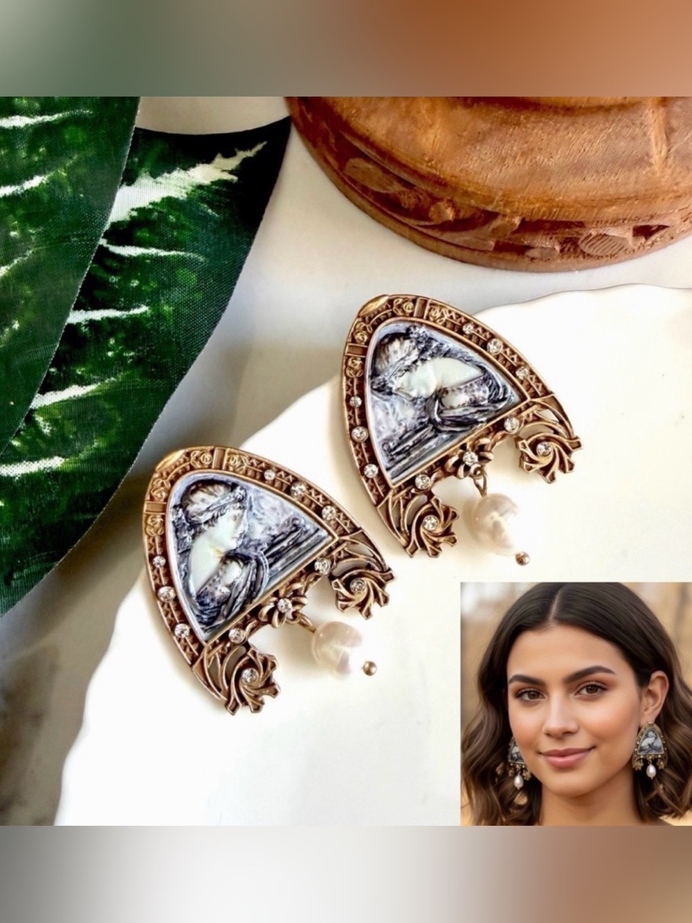 Antiqued Gold Statue Bust Baroque Revival Earrings Vtg Style Jewelry Gift NEW